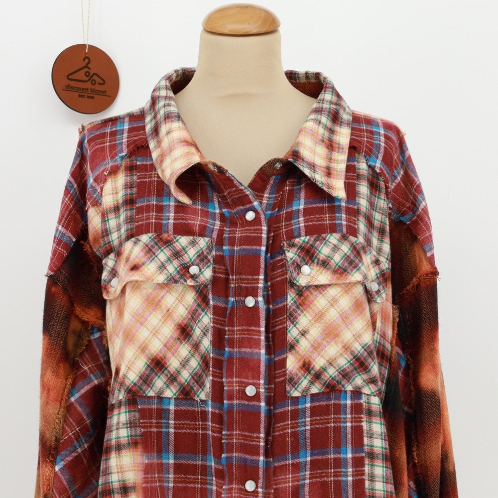 Oli & Hali Wash Mix Plaid Shirt Large Pockets Patchwork Distressed Cotton Blend - Picture 5 of 11